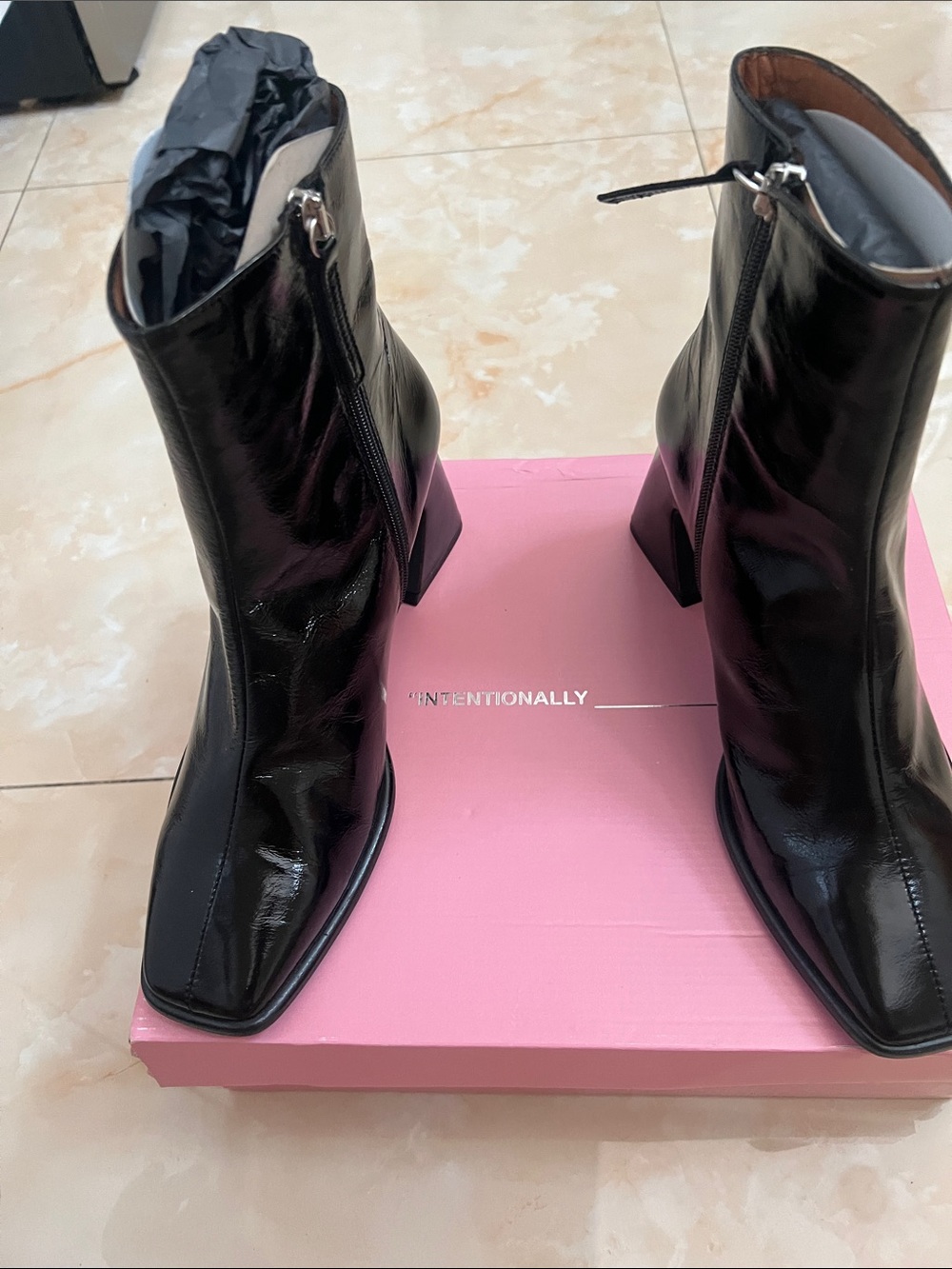 INTENTIONALLY BLANK Black Patent Leather Square Toe Block Heel Ankle Boots